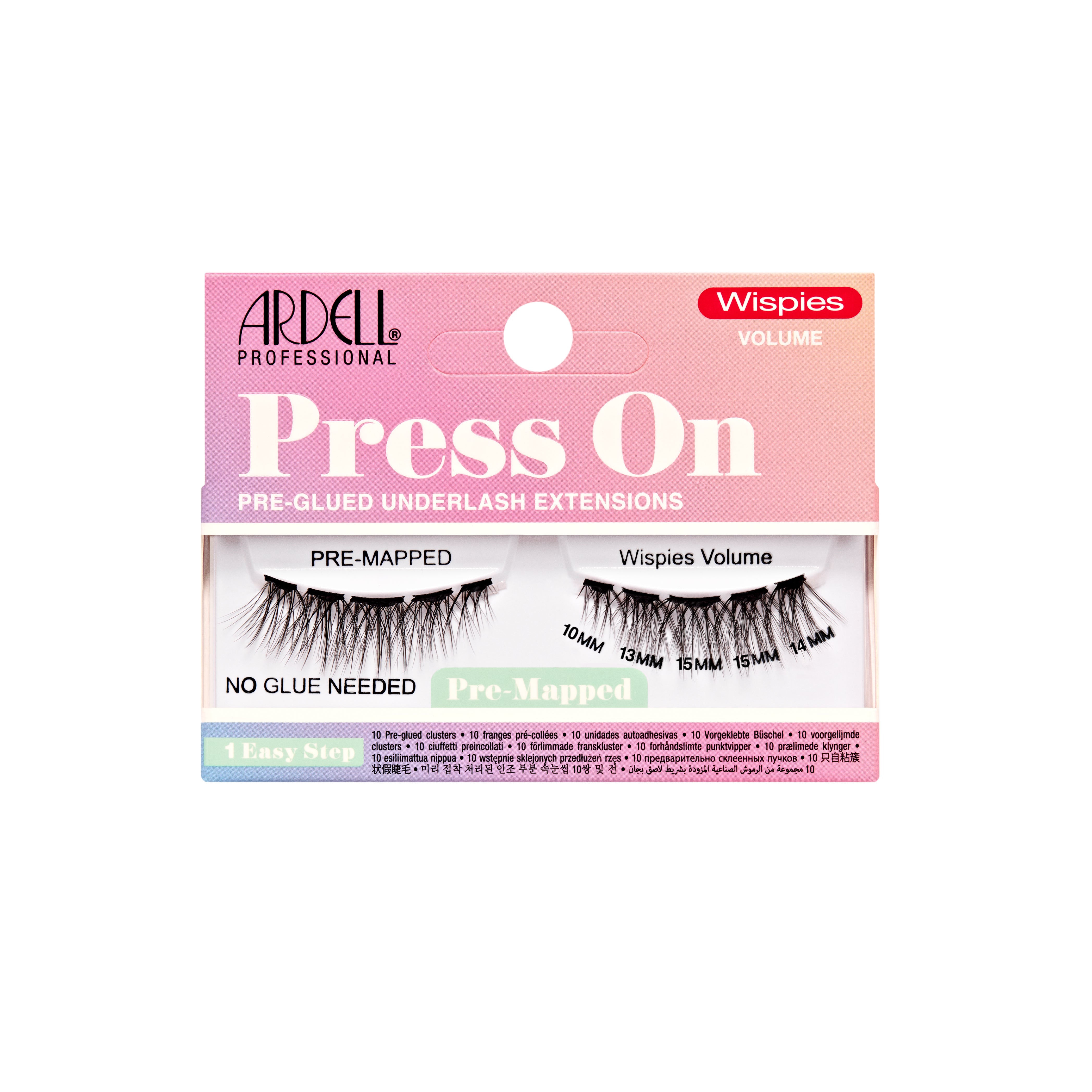 Front of Ardell Wispies Volume Press On Lashes with pre-glued, pre-mapped clusters for a soft, fluttery lash look.