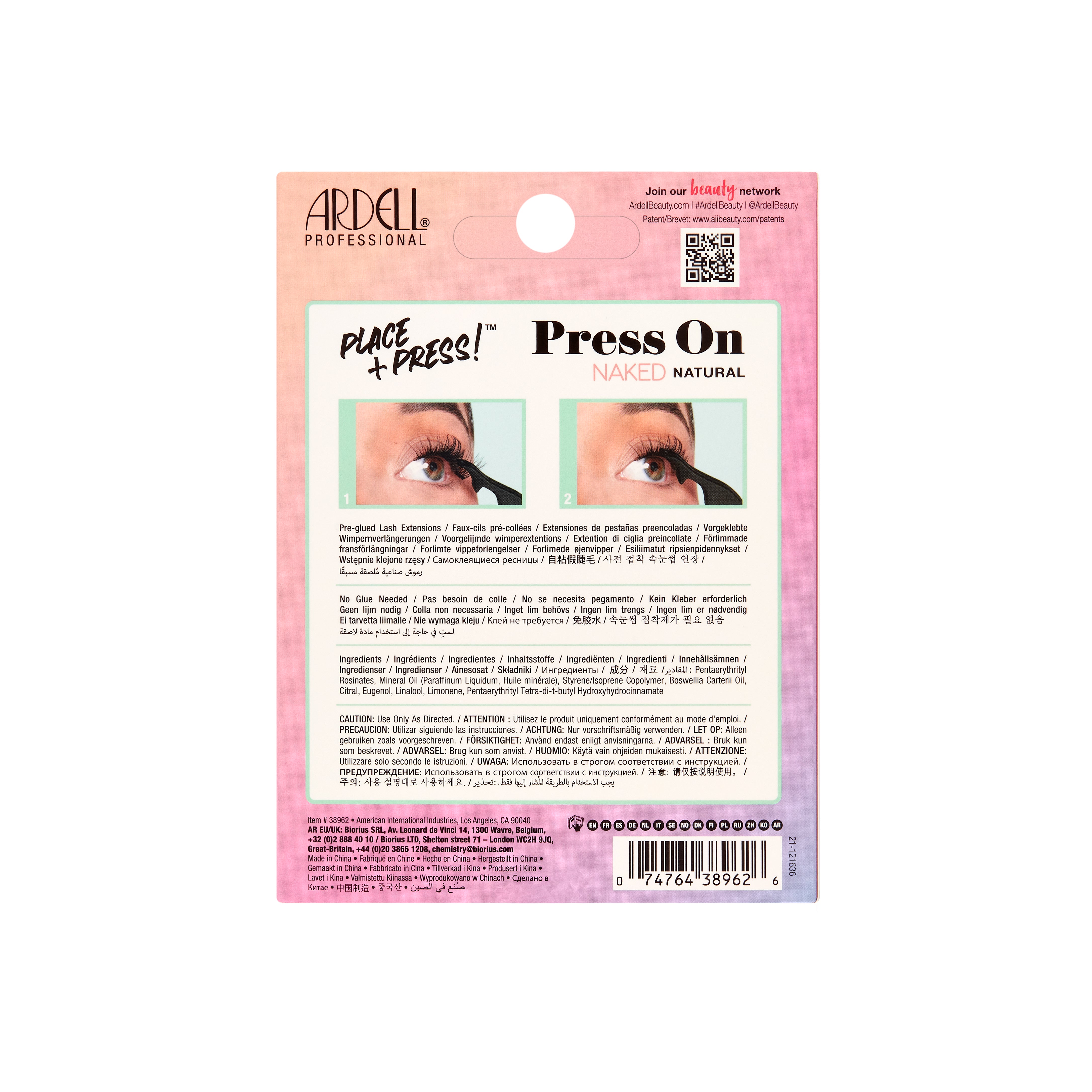 Back of Ardell Naked Press-On Lashes Natural 60 Count packaging with lash style info and instructions.