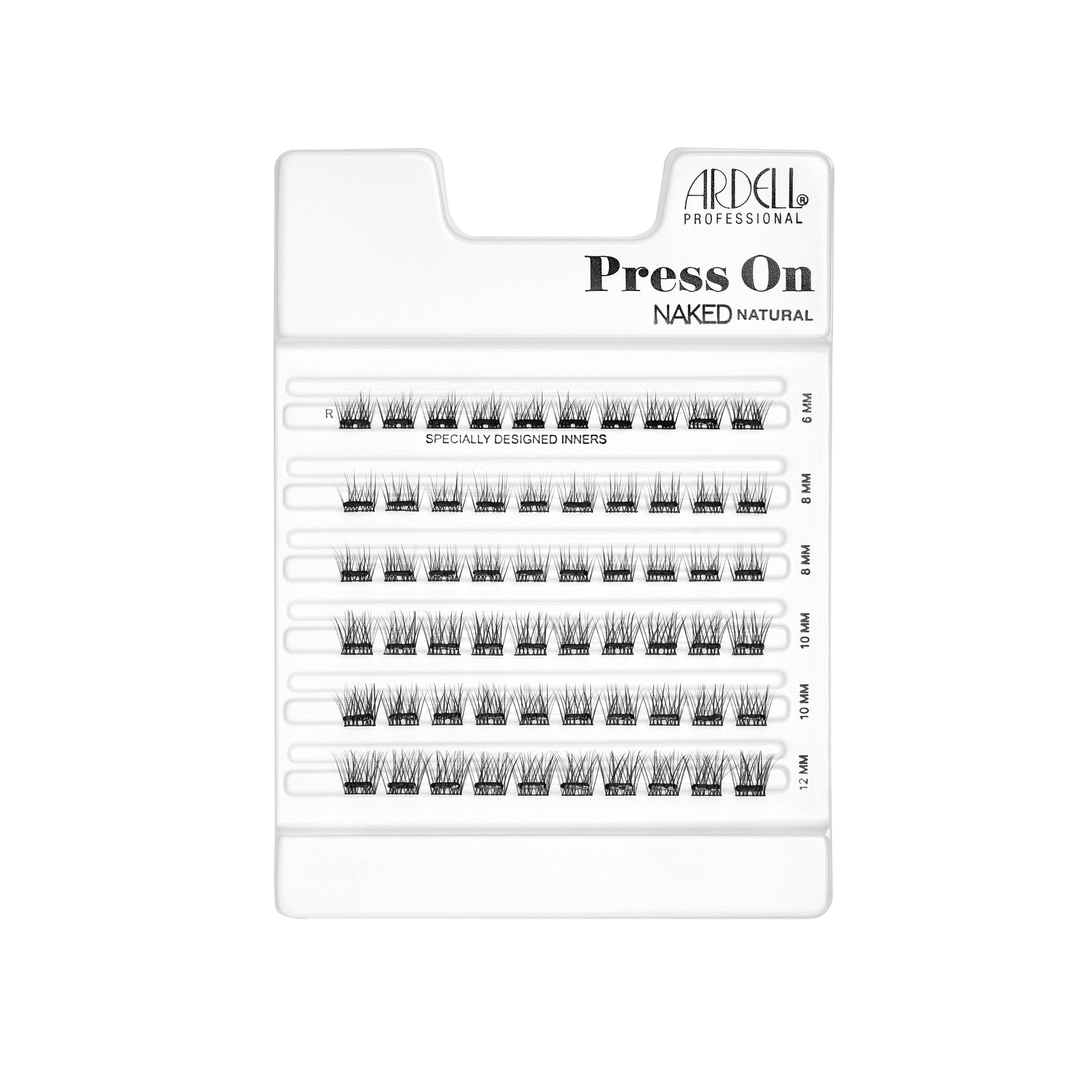 Tray of Ardell Naked Press-On Lashes Natural 60 Count featuring pre-glued lashes in multiple sizes.