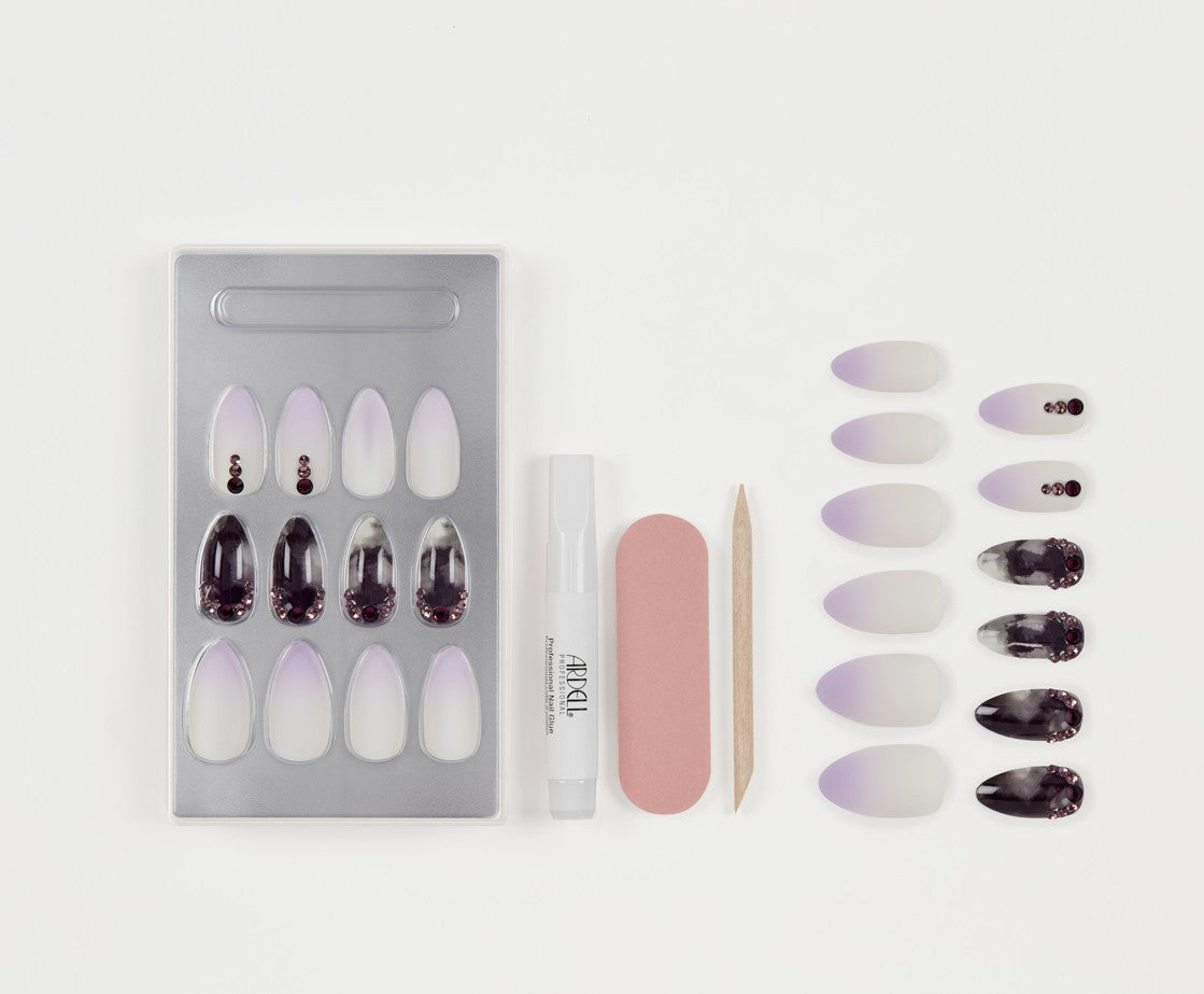 Ardell press-on nail kit with glue, nail file, and mixed ombre and gem-accented styles for easy DIY manicures.