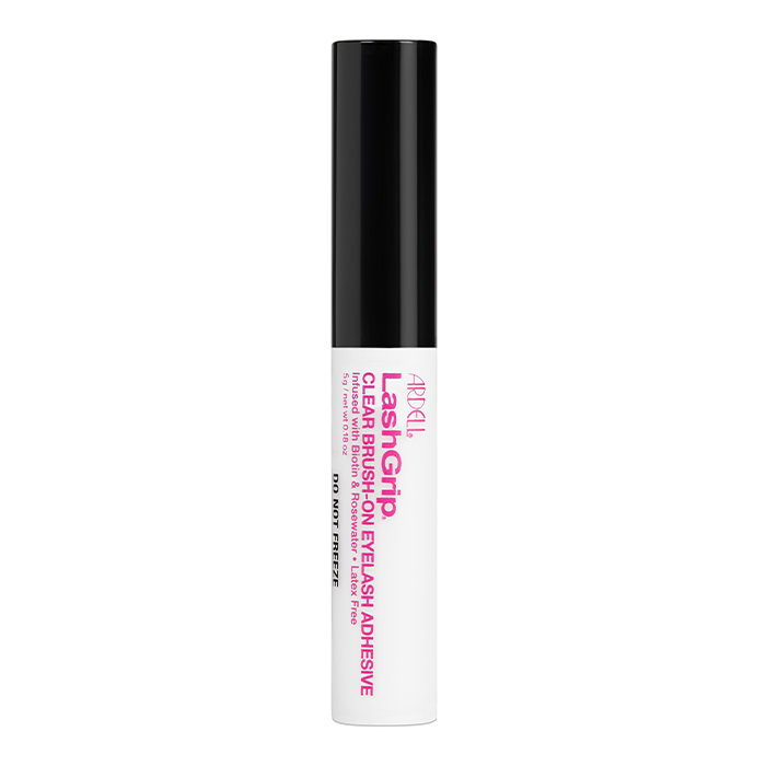 LashGrip Clear Brush-On Adhesive with Biotin & Rosewater, latex-free formula in precision applicator tube.