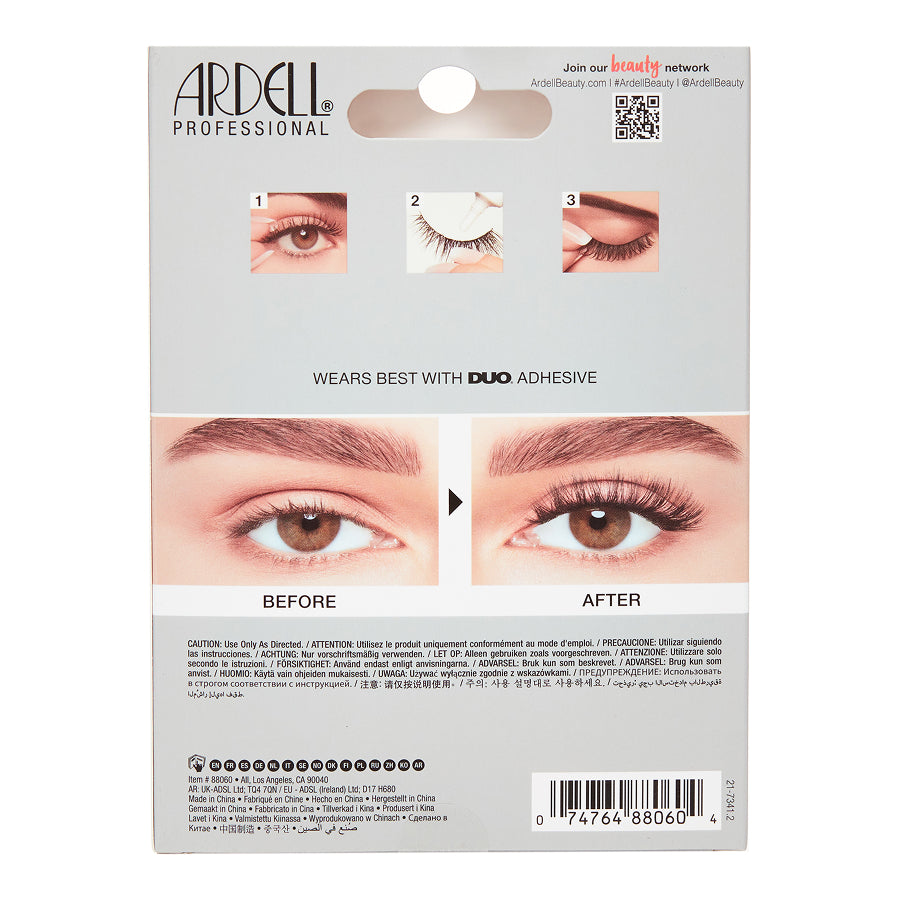 Back of an Ardell Professional false eyelash card package, showing product information, before/after eye examples, warning text, and a barcode on a white background.