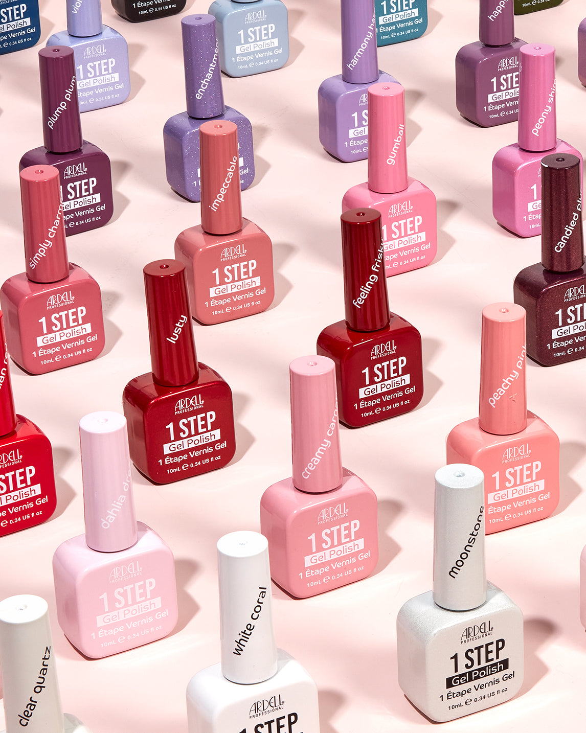 Ardell 1 Step Gel Polish collection in assorted shades, offering vibrant, long-lasting color with no base or top coat needed.