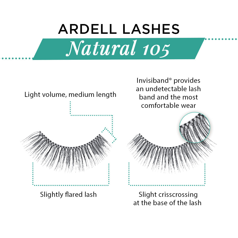 Ardell Natural 105 Lashes with Invisiband, featuring light volume and medium length for a natural lash look.