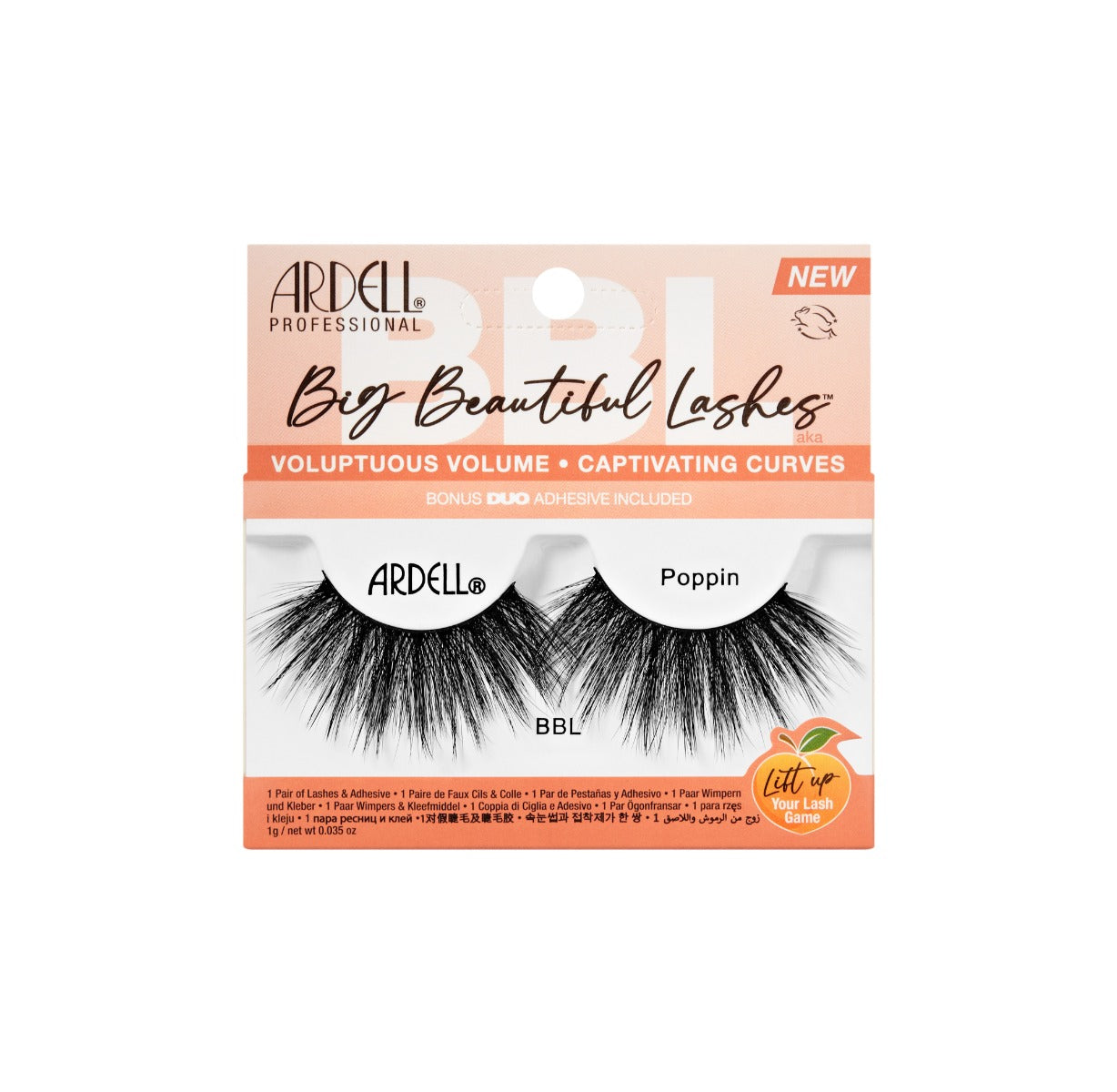 Front view of Ardell's Big Beautiful Lashes Poppin wall-hook ready retail pack with printed product details and information