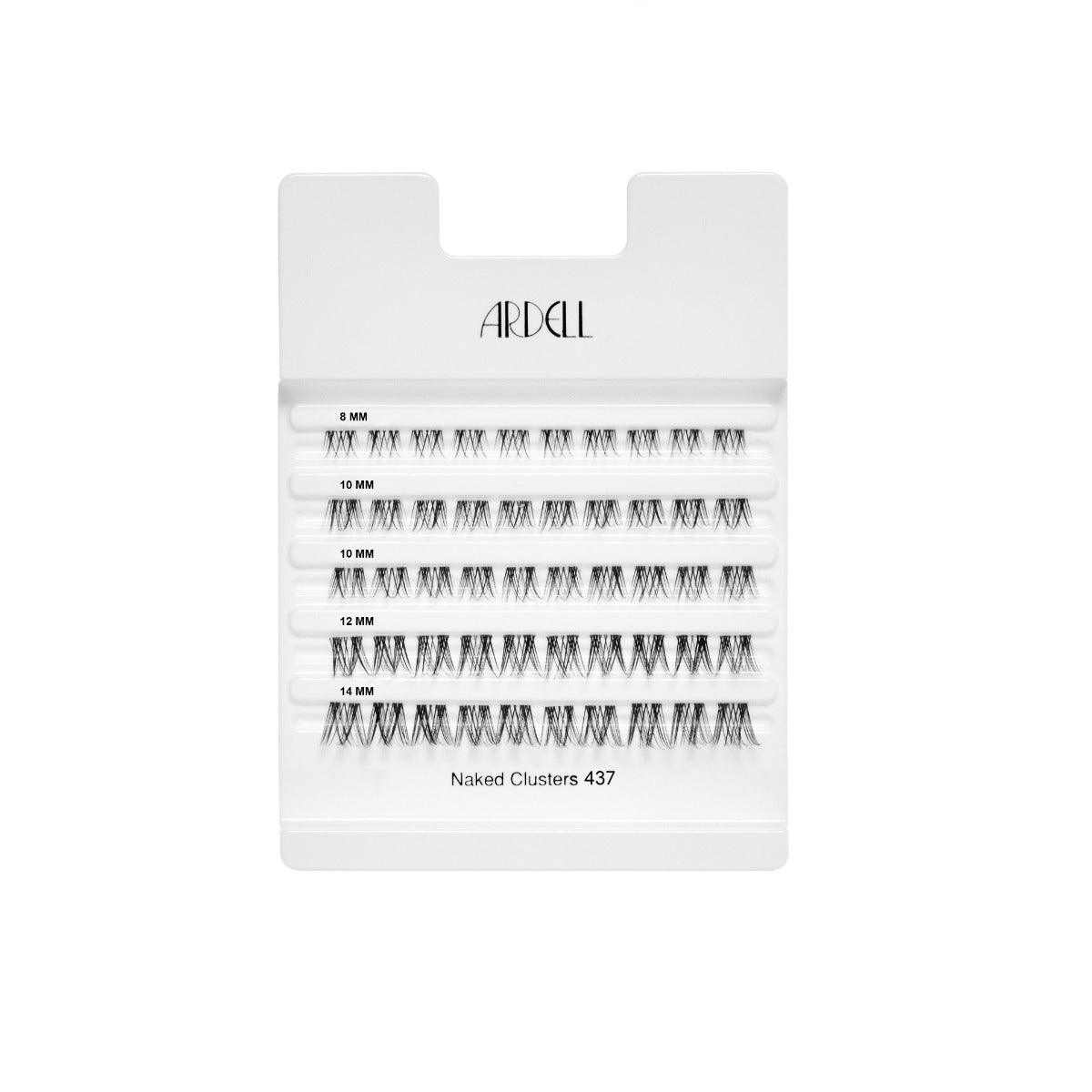 Naked Clusters 437 in tray showcasing rows of various-sized cluster lashes