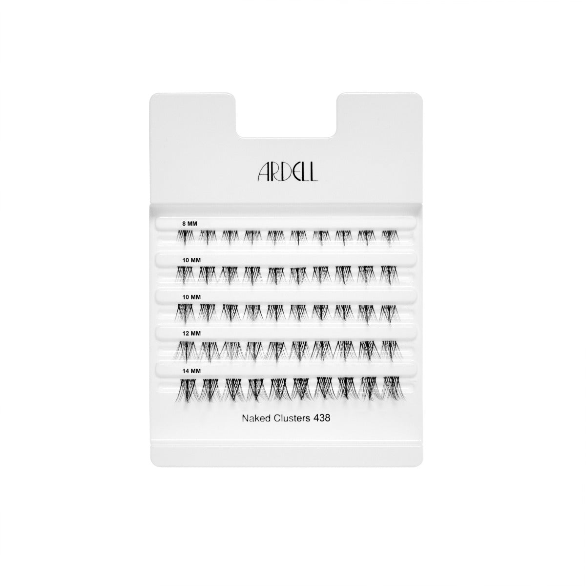 Naked Clusters 438 50 ct tray showcasing rows of various length cluster lashes