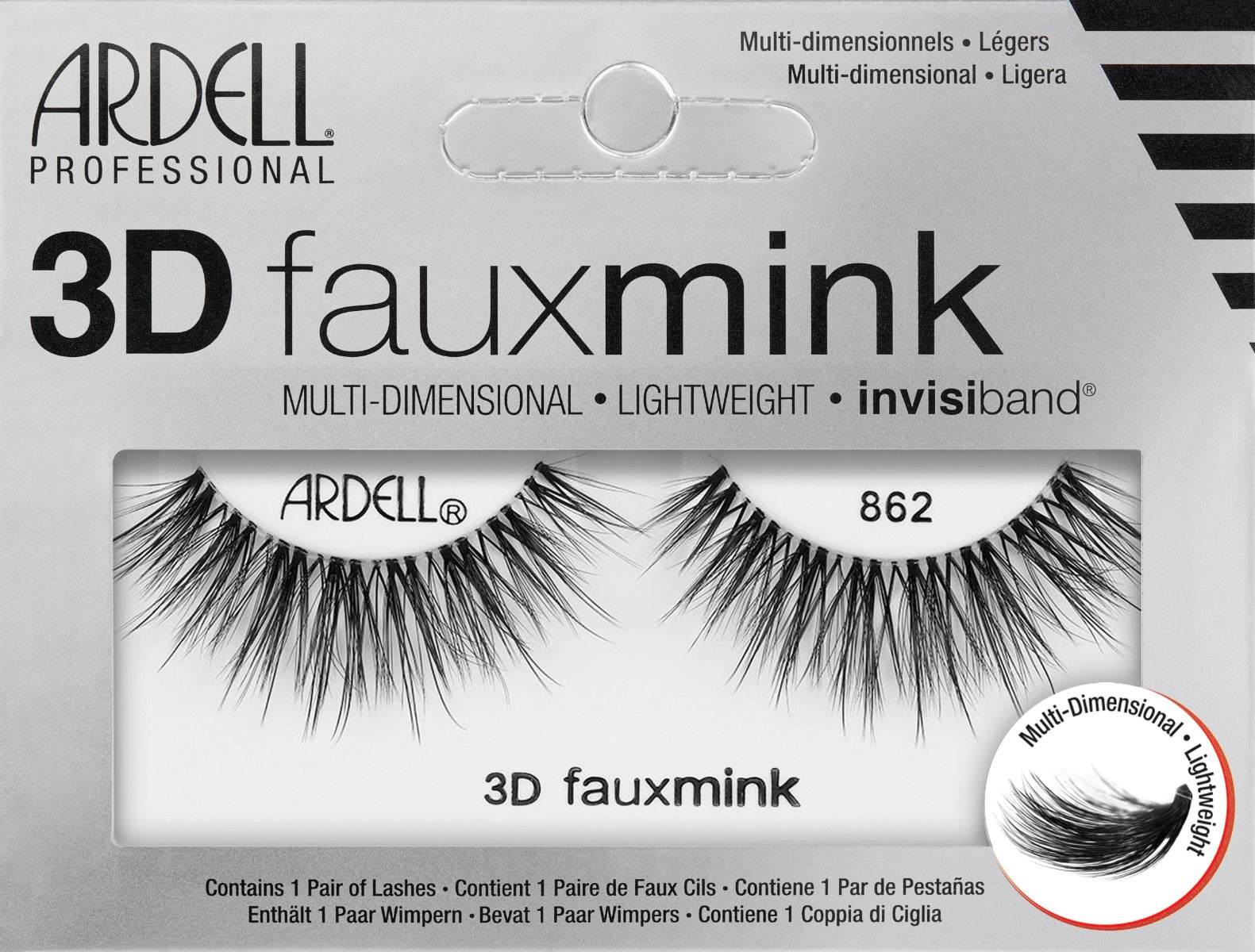 Front view of Ardell's 3D Faux Mink 862 wall-hook ready retail box with descriptive product text