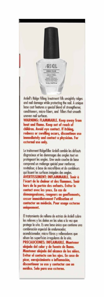 Ardell Ridge Filler info panel with multilingual usage, warnings, and benefits for smoothing nails.