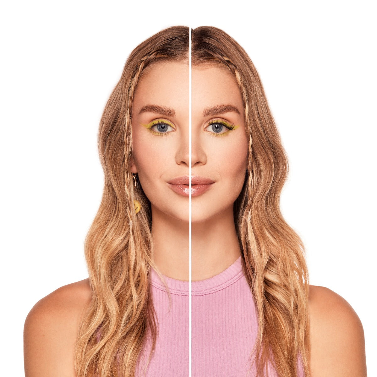 Before and after Winks Press On Pre-Glued Underlash Extensions - Volume on a model with almond eye shape