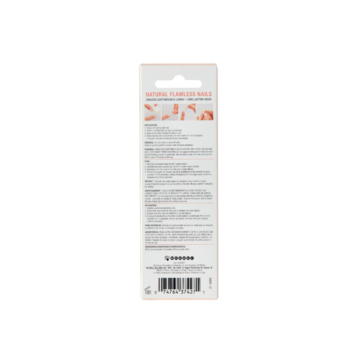 Back of Ardell Natural Flawless Nails packaging with application, removal, and ingredient instructions.