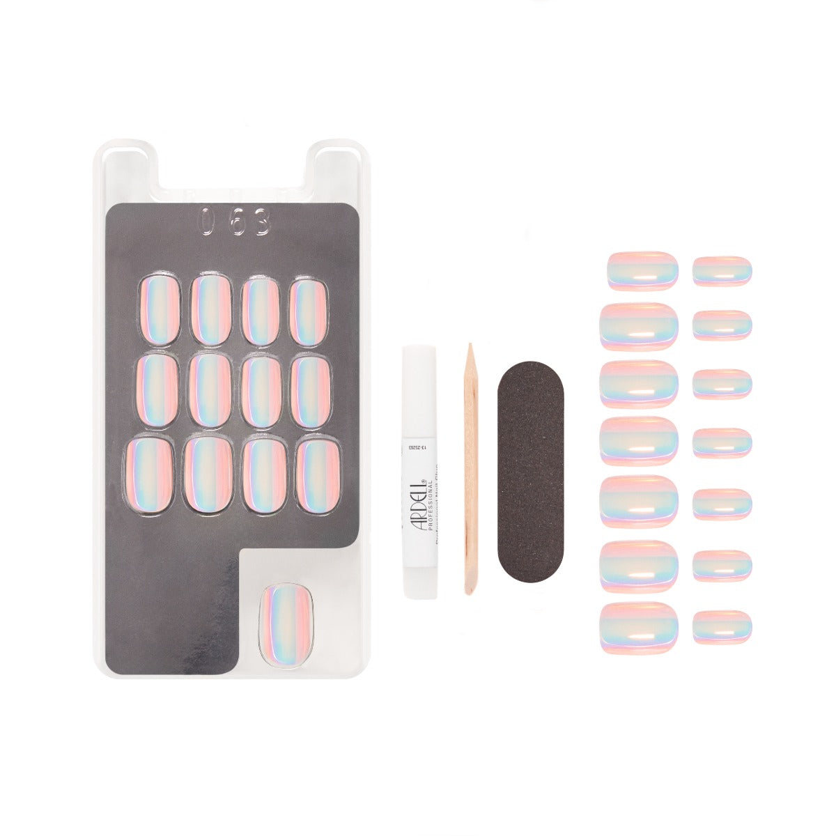Ardell Nail Addict iridescent press-on nails kit with glue, nail file, cuticle stick, and buffer.