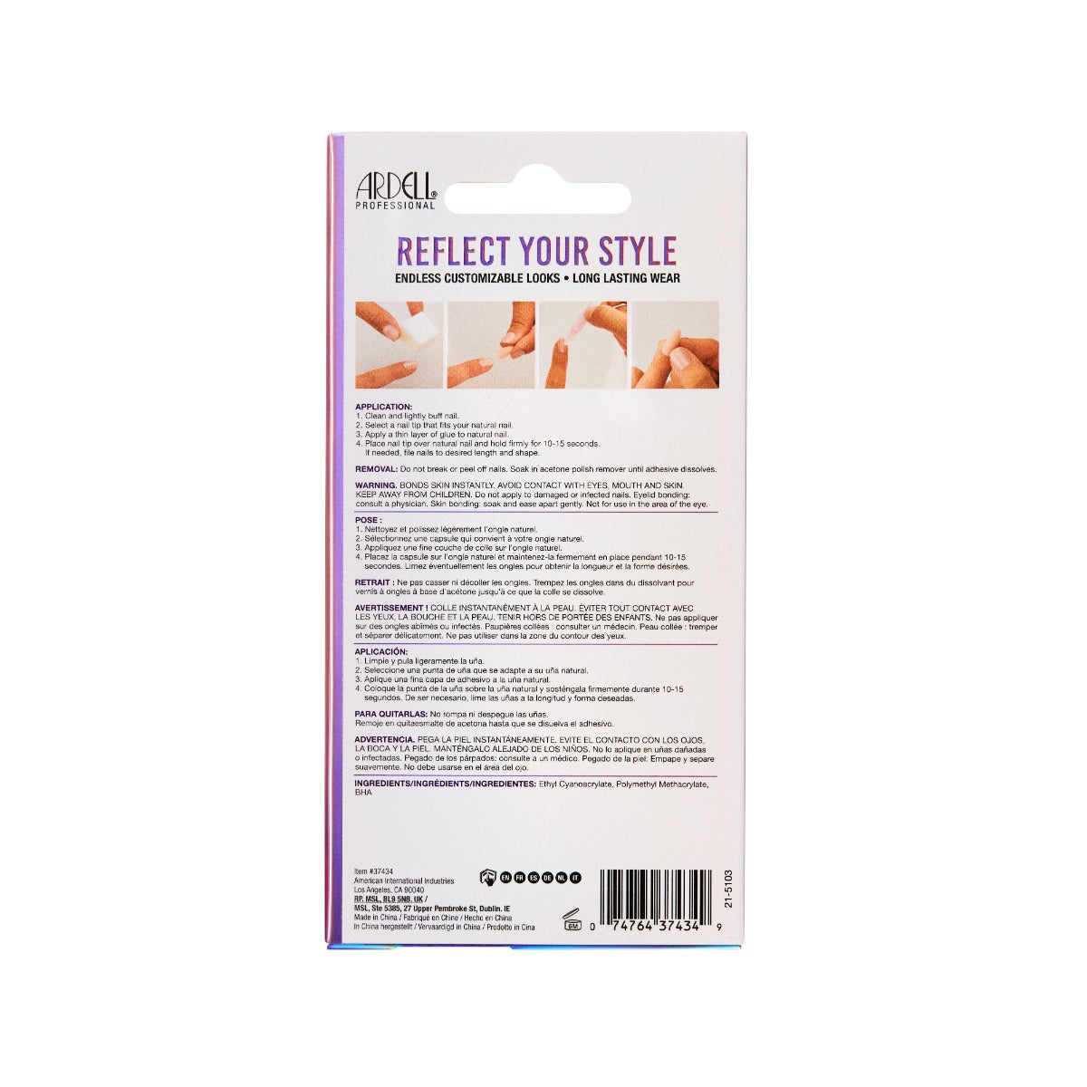 Back side of packaging for Ardell Nail Addict Chrome Orb