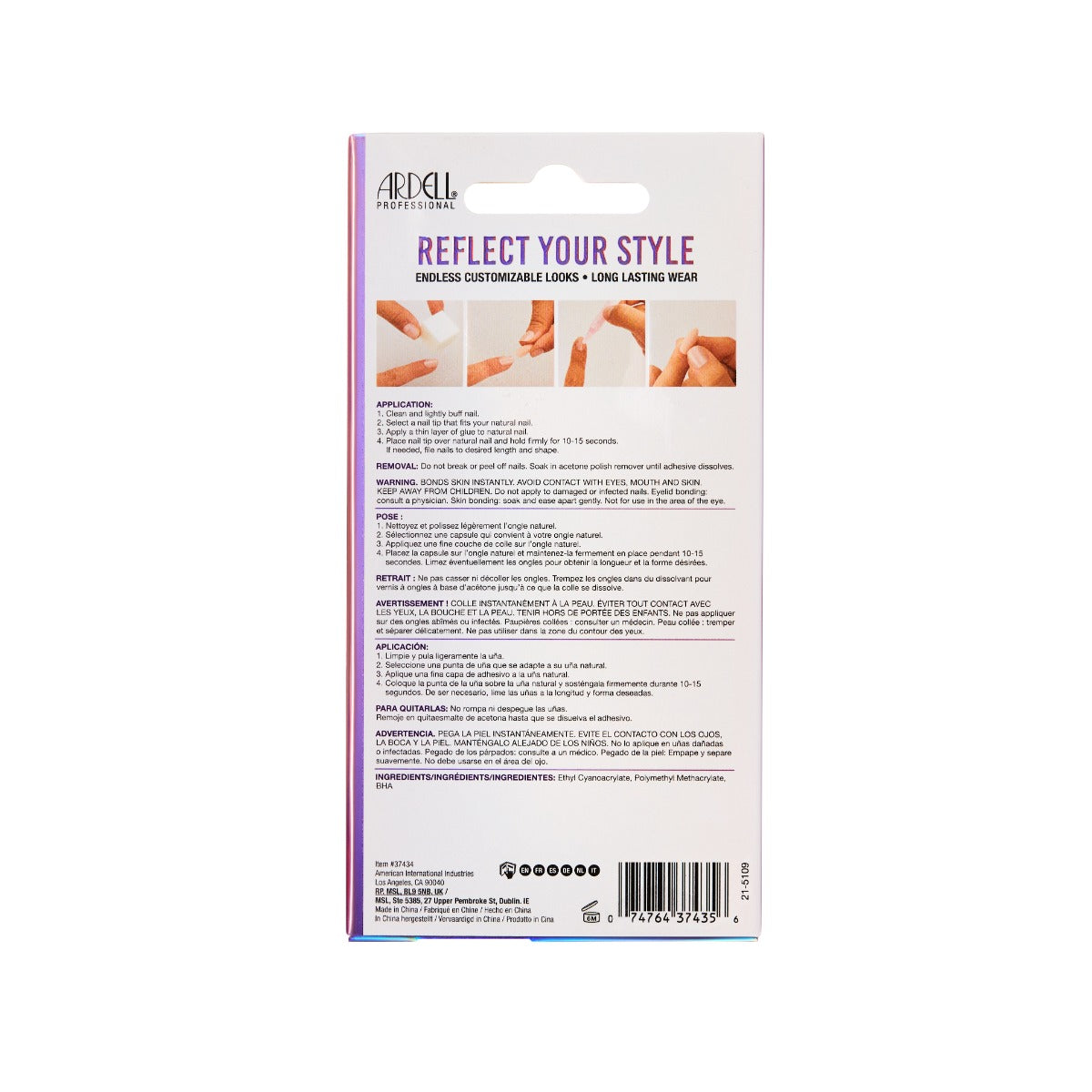 Back side of packaging for Ardell Nail Addict Chrome Mystic