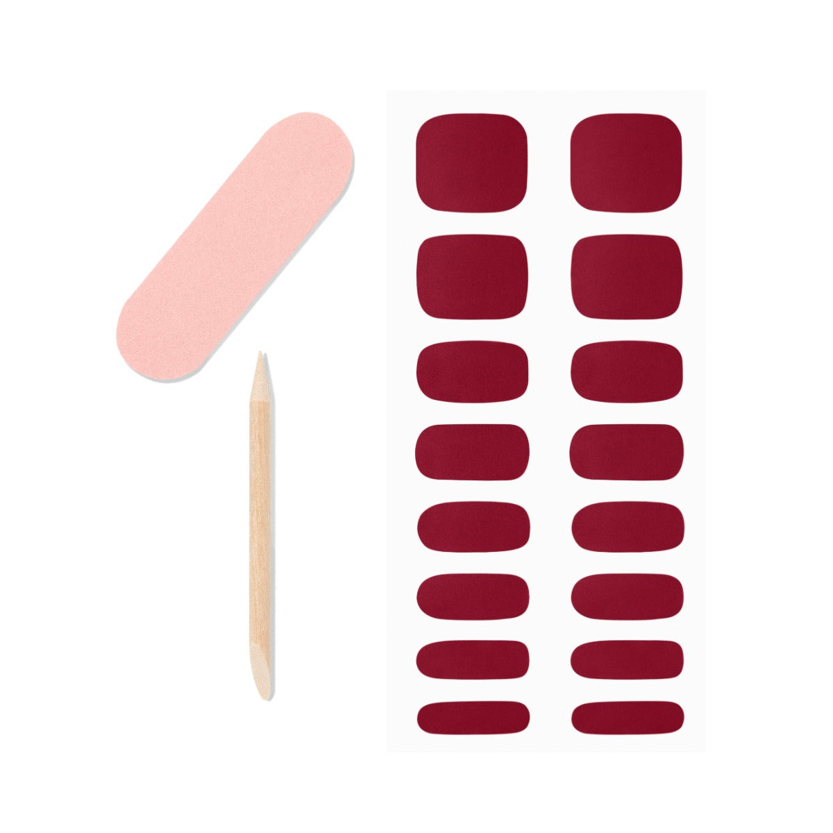 16-piece nail strip, 1-piece mini nail file and 1-piece orange wood stick in Sangria variant from Ardell.