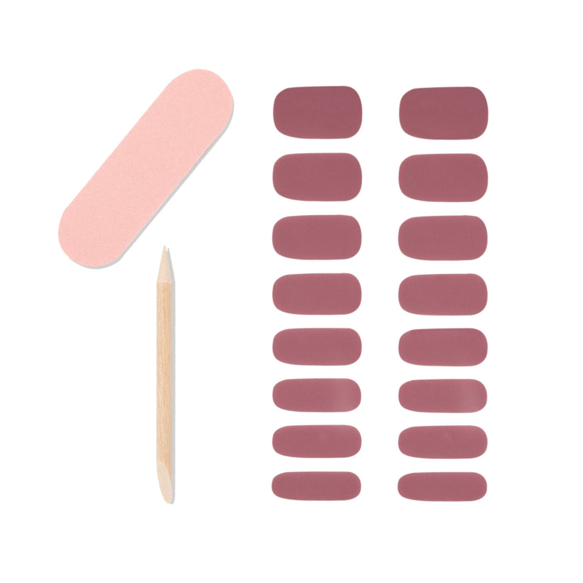 16 nail strips , 1 mini file, 1 cuticle stick