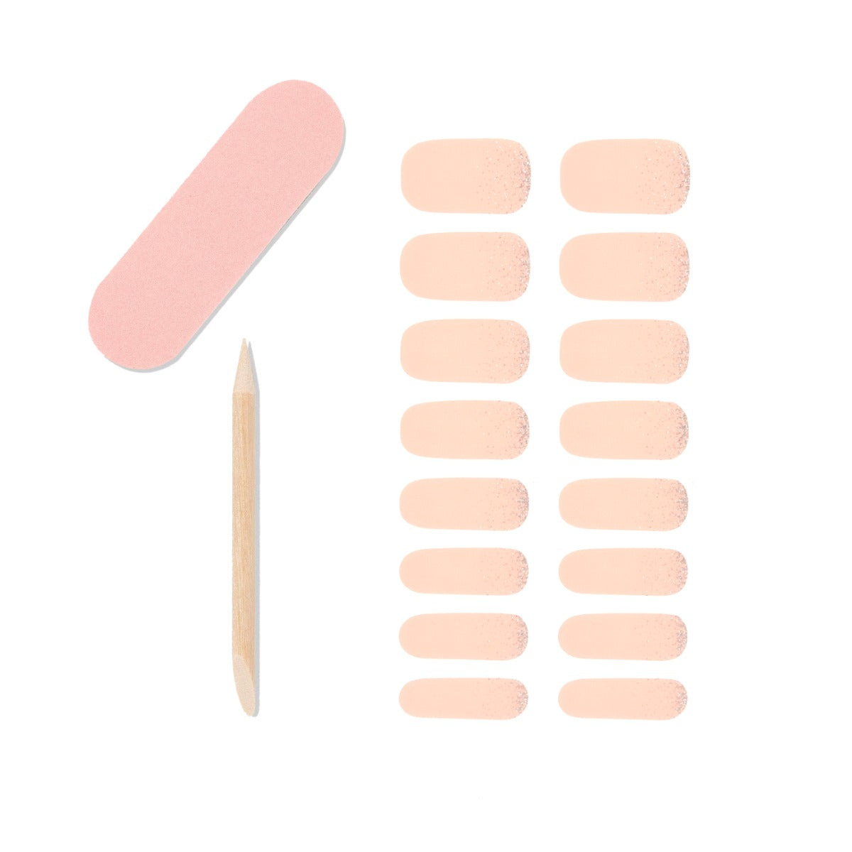 16-piece nail strips, 1-piece mini nail file and 1-piece orang wood stick.