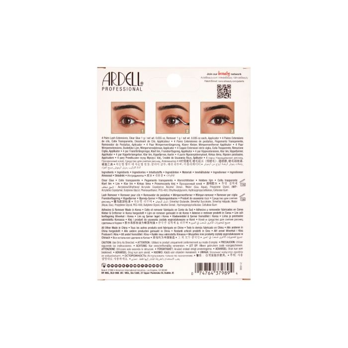 Back of Ardell Doll Eye Extensions 4-Pack featuring product info, care tips, and application guide.