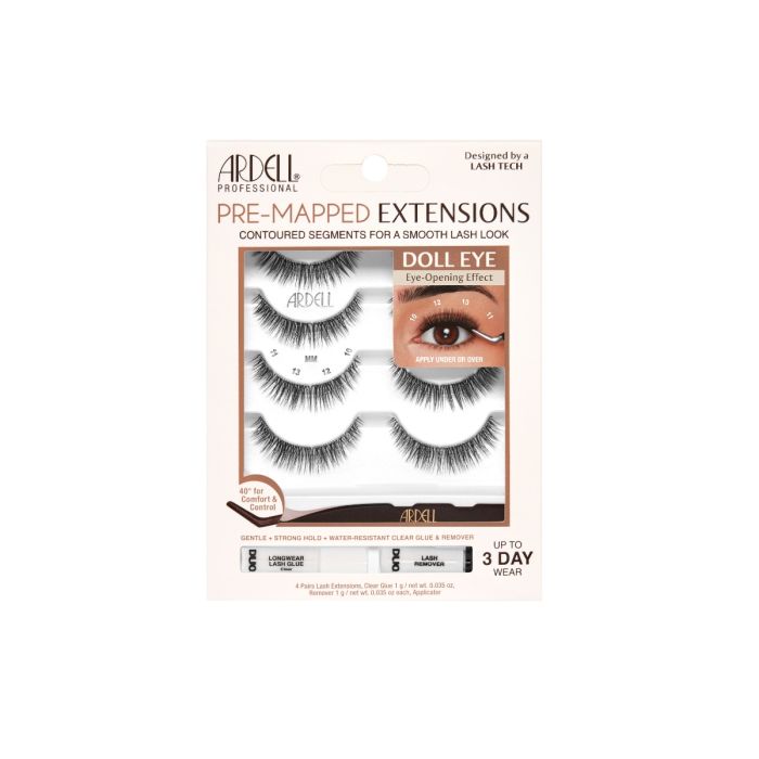 Ardell Pre-Mapped Extensions Doll Eye 4-Pack for wide-eyed, lifted lashes with an open, rounded effect.
