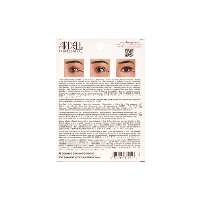 Back of Ardell Wispy Extensions 4-Pack with application instructions and lash care information.