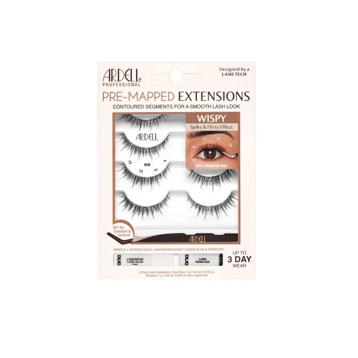 Ardell Pre-Mapped Extensions Wispy 4-Pack with lightweight clusters for easy DIY lash enhancement.