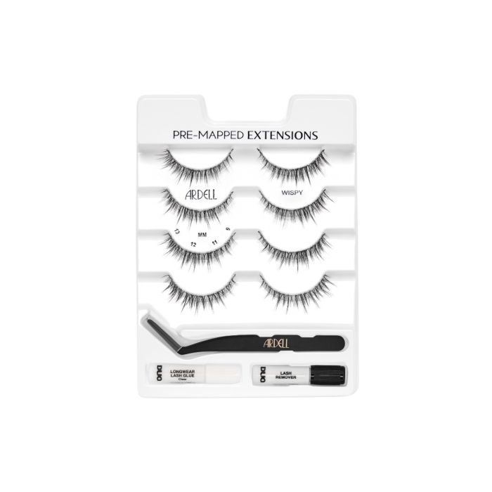 Open tray of Ardell Wispy Pre-Mapped Extensions showing four sets of pre-designed lash clusters.