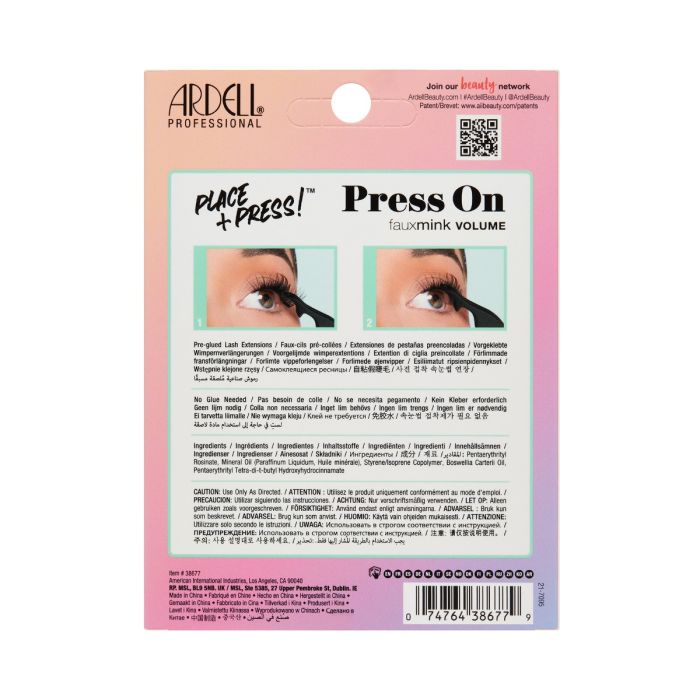 Back of Ardell Press-On Faux Mink Volume Lashes showing usage tips and product features.