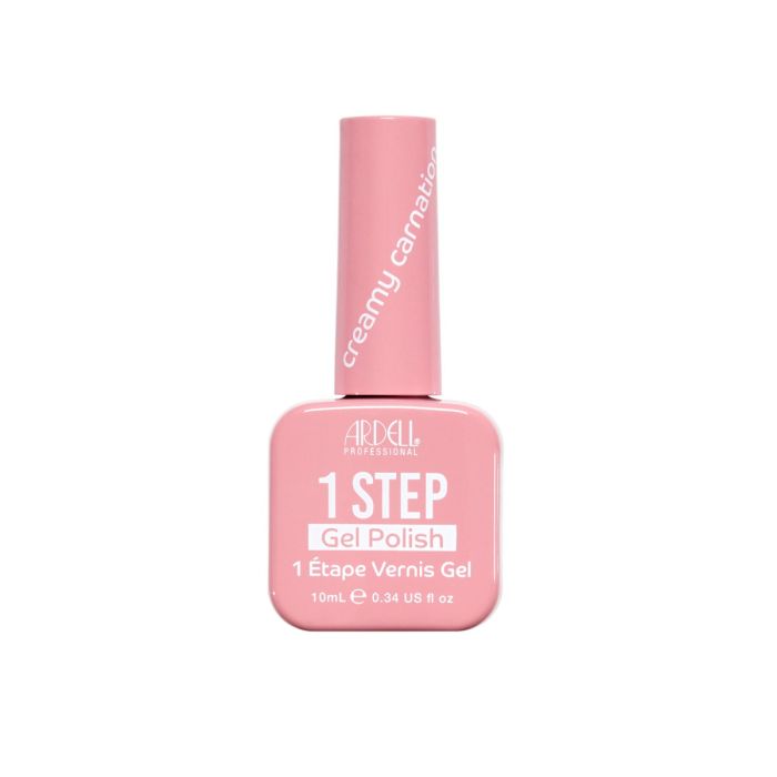 Ardell 1 Step Gel Polish in Creamy Carnation, a delicate pastel pink in a square bottle with white text.