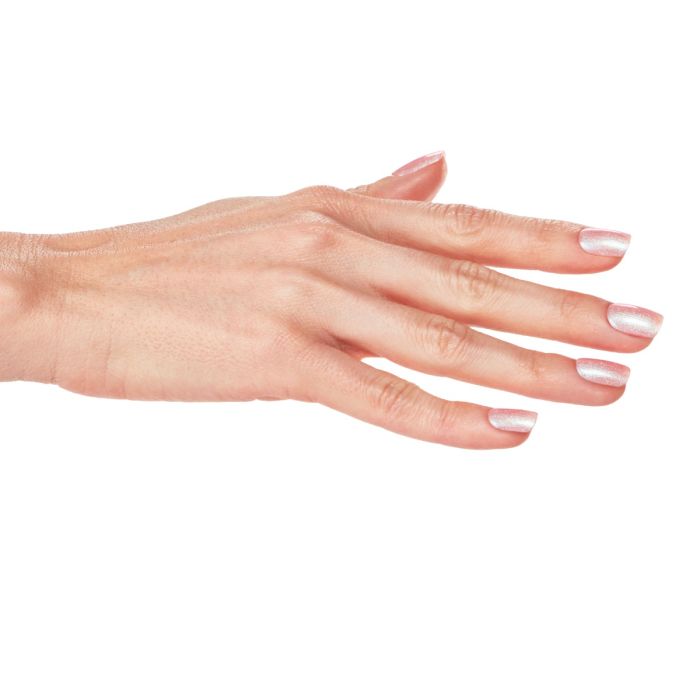 Outstretched hand with pale pink shimmer nails wearing Ardell Lipgloss Glow 1 Step Gel Polish.