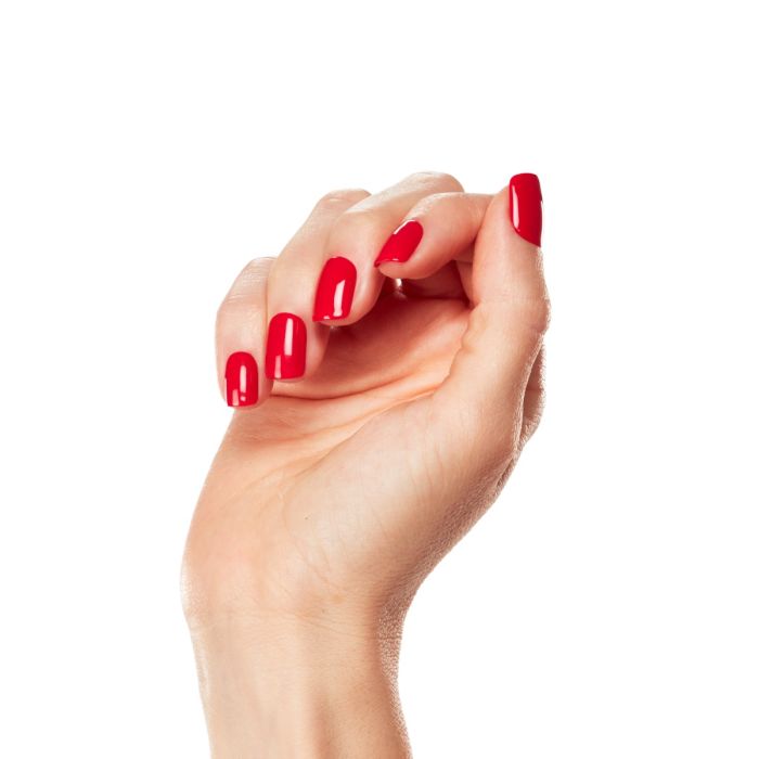Side view of hand in Venetian Red polish, featuring a smooth, glossy finish perfect for any season.