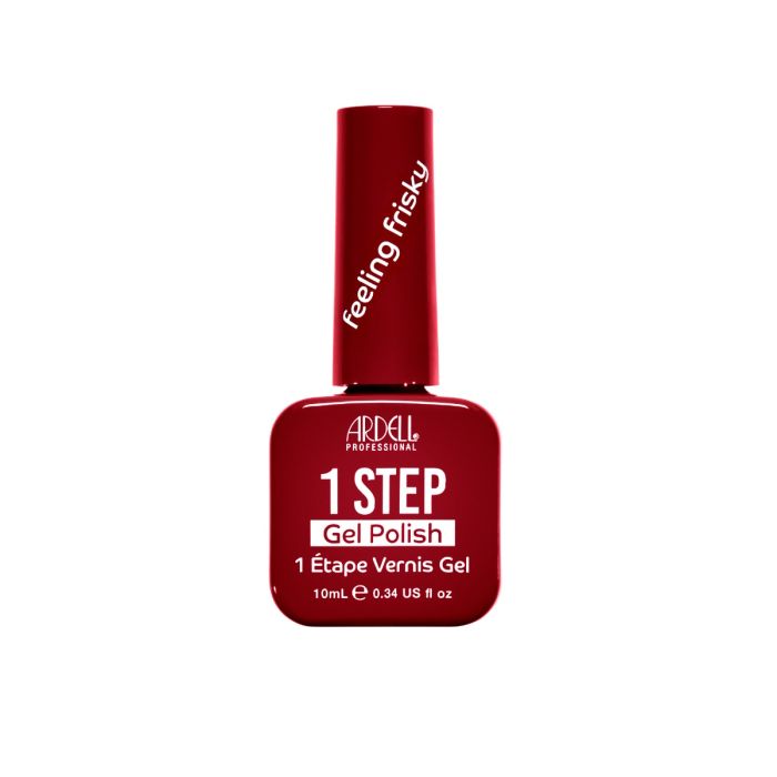 Front of Ardell One Step Gel Polish in Feeling Frisky, a classic bold red crème shade in a sleek salon-style bottle.