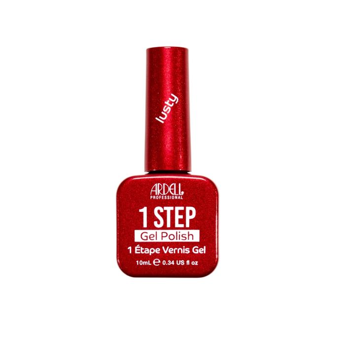 Front of Ardell One Step Gel Polish in Lusty, a bold metallic cherry red shade in a sleek salon-style bottle.