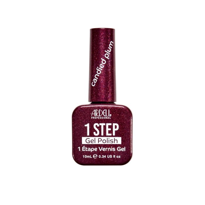 Front of Ardell One Step Gel Polish in Candied Plum, a bold berry plum shade with fine shimmer in a sleek bottle.