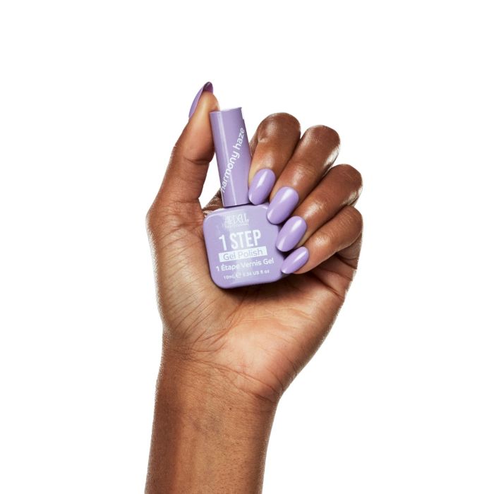 Model hand in Ardell Harmony Haze polish, showcasing a clean and modern pastel lavender gel look.