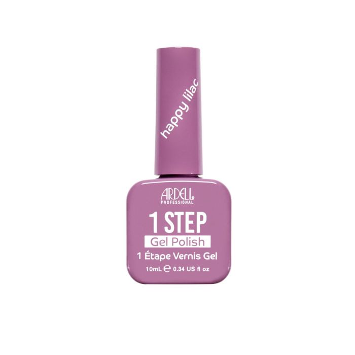 Front of Ardell One Step Gel Polish in Happy Lilac, a cheerful mid-tone lilac with pink undertones in a sleek bottle.