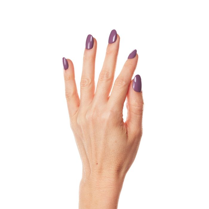 Close-up of hand wearing Ardell Happy Lilac gel polish, a warm-toned lilac with a creamy, glossy texture.