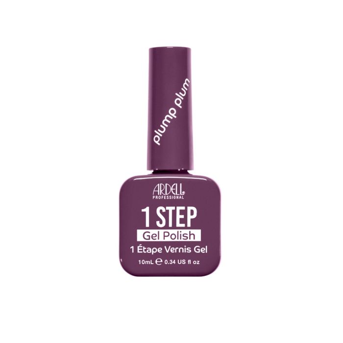 Front of Ardell One Step Gel Polish in Plump Plum, a creamy plum purple hue in a sleek salon-style bottle.