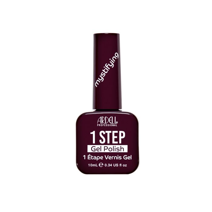 Front of Ardell One Step Gel Polish in Mystifying, a rich wine burgundy shade in a sleek salon-style bottle.