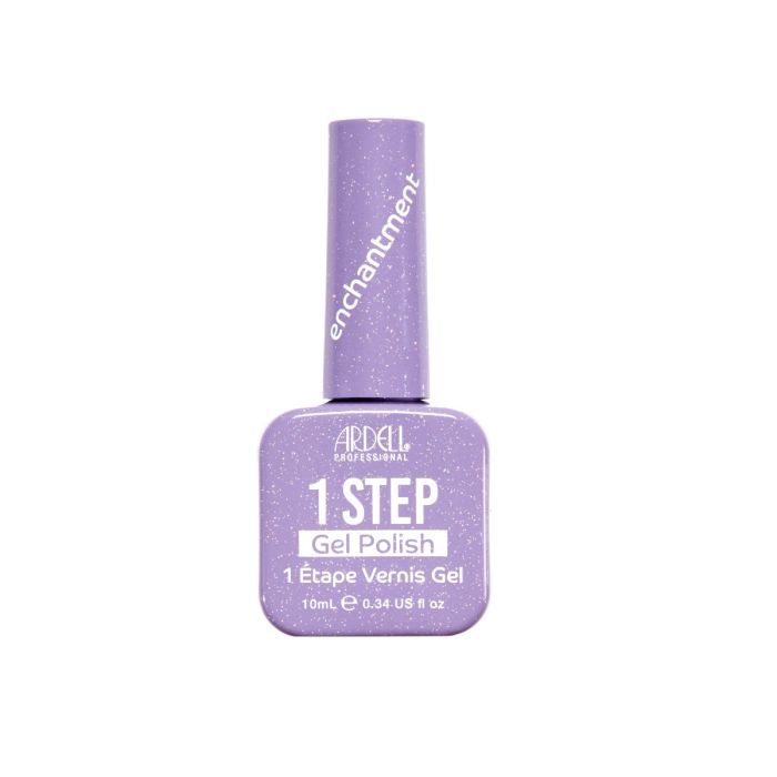 Front of Ardell One Step Gel Polish in Enchantment, a pastel purple polish with white speckled glitter.