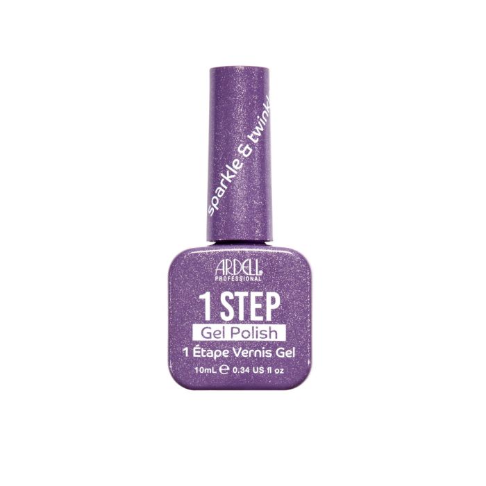 Front of Ardell One Step Gel Polish in Sparkle & Twinkle, a dazzling glittery purple in a salon-style bottle.