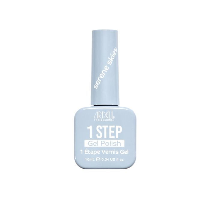Front of Ardell One Step Gel Polish in Serene Skies, a calming powder blue shade in a sleek salon-style bottle.