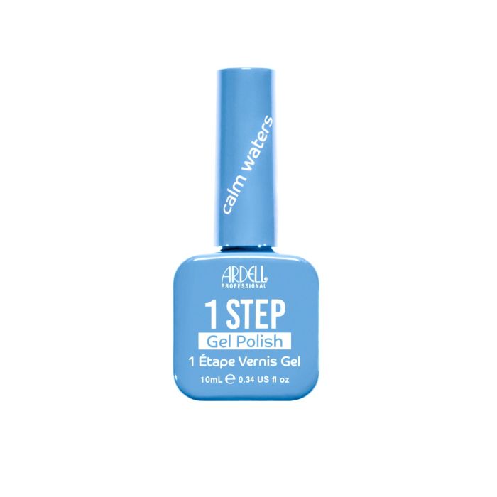 Front of Ardell One Step Gel Polish in Calm Waters, a soothing sky blue shade in a sleek salon-style bottle.