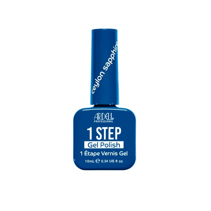 Front of Ardell One Step Gel Polish in Ceylon Sapphire, a vivid sapphire blue shade in a sleek bottle.