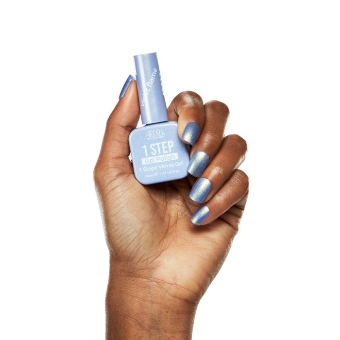 Model hand wearing Ardell Violet Flame gel polish, featuring a soft lilac shimmer manicure.