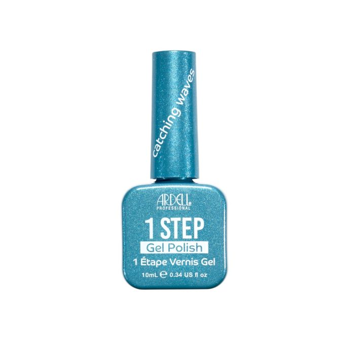 Front of Ardell One Step Gel Polish in Catching Waves, a vibrant turquoise blue shimmer in a sleek bottle.