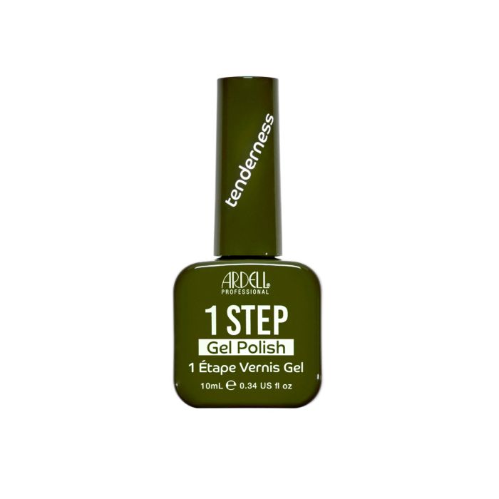 Front of Ardell One Step Gel Polish in Tenderness, a bold olive green shade in a sleek salon-style bottle.