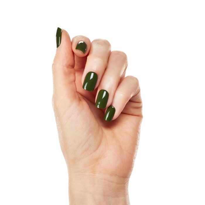 Natural hand pose with Ardell Tenderness gel polish, revealing a sophisticated olive green manicure.