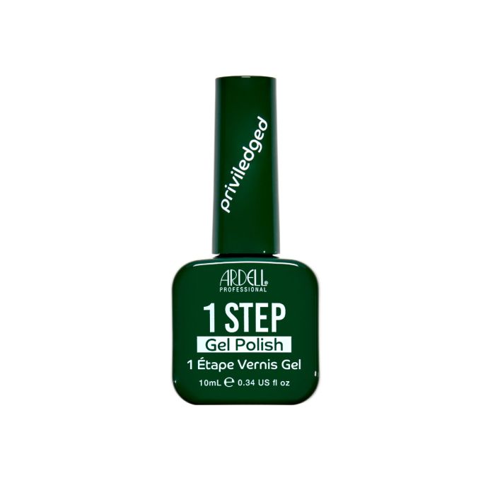 Front of Ardell One Step Gel Polish in Privileged, a rich dark green polish in a sleek bottle.