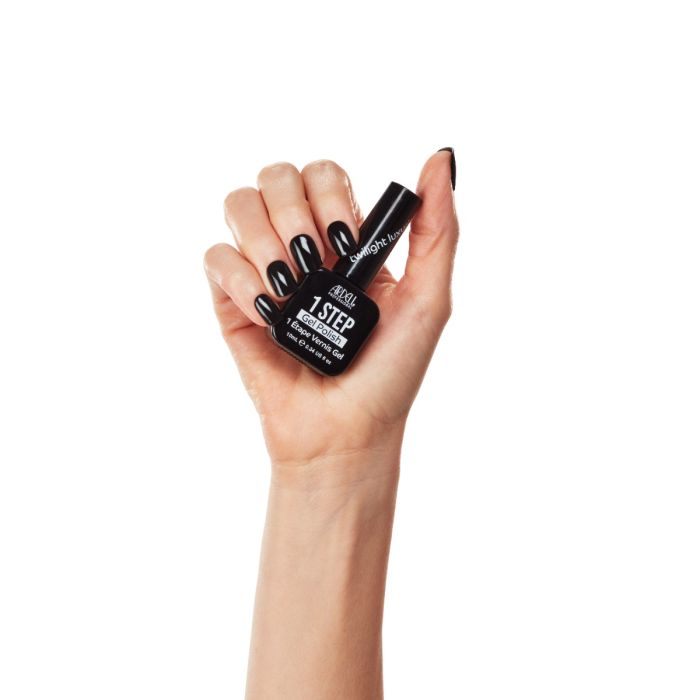 Hand model wearing Ardell One Step Gel Polish in Twilight Luxuria showing glossy, salon-quality nail finish.