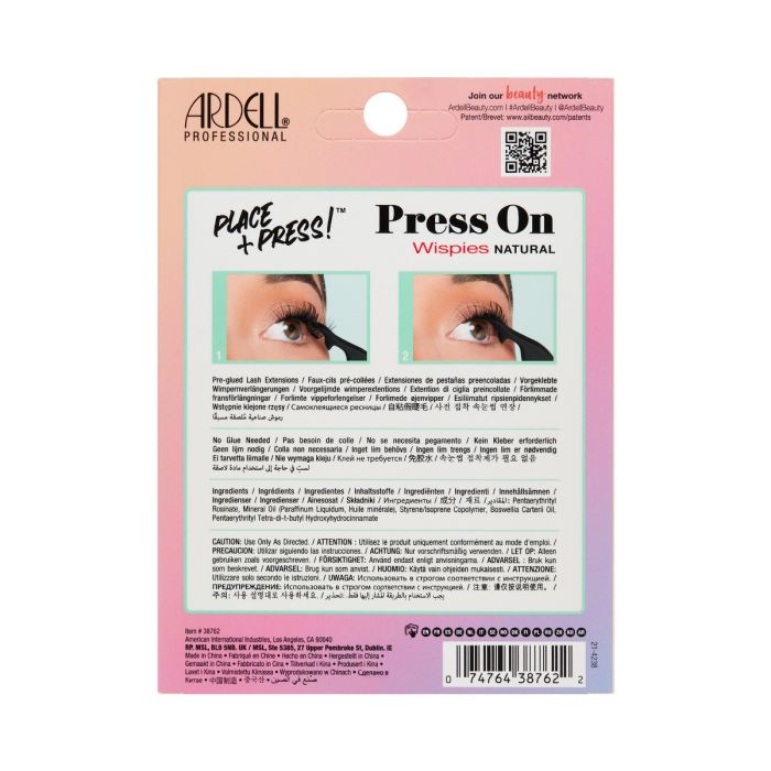 Back of Ardell Press-On Wispies Natural 60 Count showing product info and lash styles included.